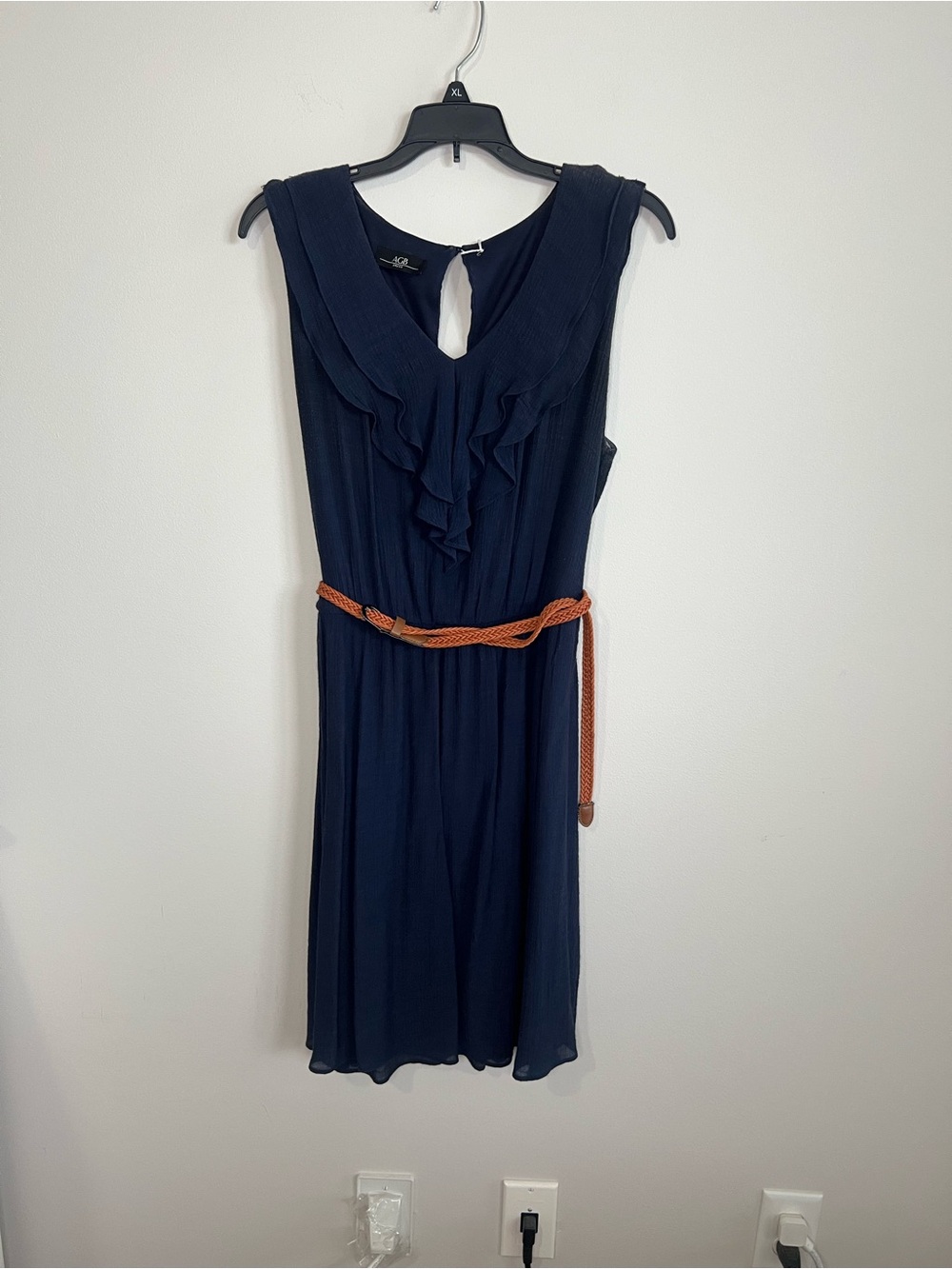 AGB Navy Ruffle V-Neck Sleeveless Midi with Braided Brown Belt - Picture 2 of 6